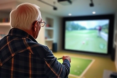 Resident enjoying advanced indoor golf simulator in apartment community.
