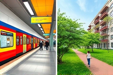 City subway station contrasted with peaceful nature trail and apartments