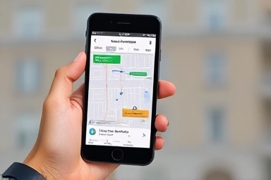 Smartphone map app showing routes to subway and park for apartment choice