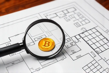 Magnifying glass on blueprint highlights commercial property land share.