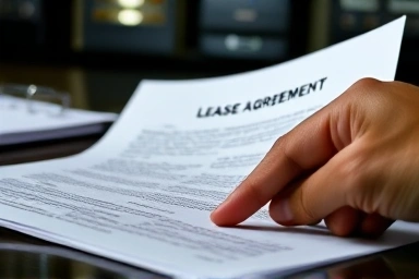 Hand reviewing commercial lease agreement for rent increase.