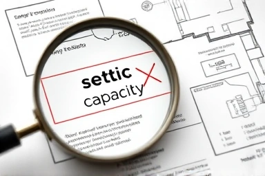Magnifying glass on building blueprint revealing septic capacity issue