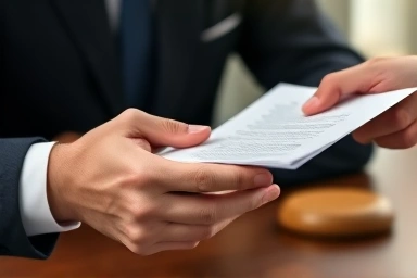 Hands exchanging a contract document, legal setting.