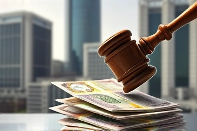 Gavel hitting money, Daegu cityscape, auction success, investment opportunity.