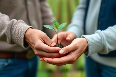 Partnership in farming: experienced hand passing seedling to younger one.