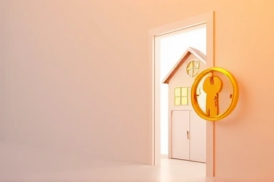 Golden key unlocking dream home, symbolizing housing subscription success.