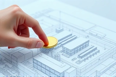 Hand placing coin on industrial center blueprint, symbolizing strategic investment.