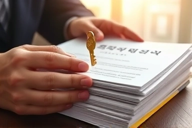 Hands reviewing Korean real estate contract documents with a golden key.