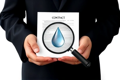Legal contract and magnifying glass on water droplet.