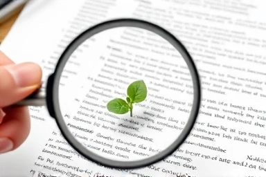 Magnifying glass over legal document with a sprout, symbolizing legal clarity and growth.