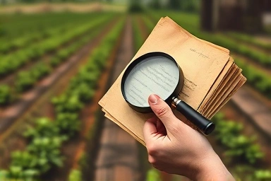 Hand examining old documents with a magnifying glass in a garden.