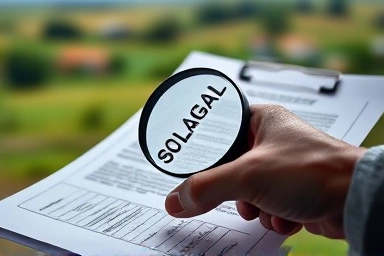 Magnifying glass over land sale contract document.