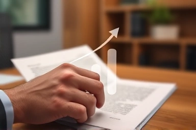 Hand reviewing legal document with cost savings graph overlay