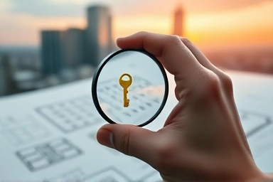 Magnifying glass over blueprint with golden key, symbolizing land investment.