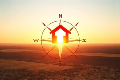 Compass pointing to sunlit land, symbolizing land investment potential.