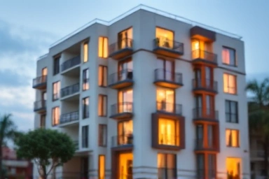 Modern apartment building symbolizing home and security.