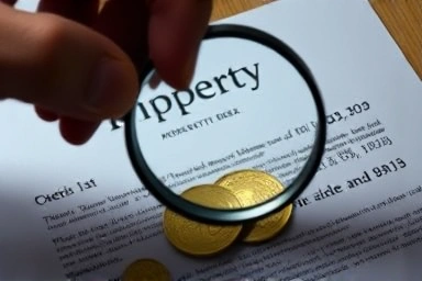 Magnifying glass on property deed and coins, symbolizing careful inspection.
