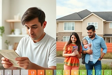 Person transitioning from anxiety about move-in to happiness in a well-equipped neighborhood.