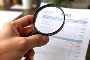 Magnifying glass over management fee invoice