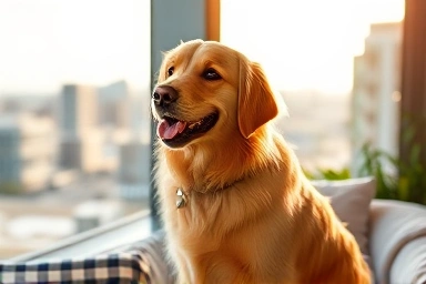 Happy dog in a modern apartment with city view