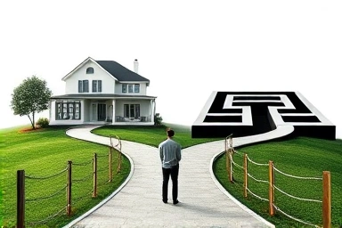 Symbolic crossroads of real estate decisions and consequences.