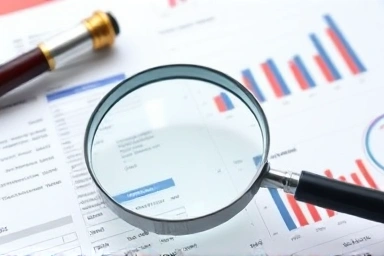 Magnifying glass over financial documents, highlighting risks.