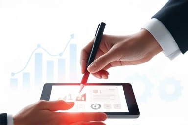 Digital real estate contract signing with financial growth symbols.