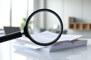 Magnifying glass over documents and money, real estate fund source investigation.