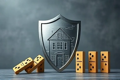 Shield protecting house blueprint from contract dispute dominoes.