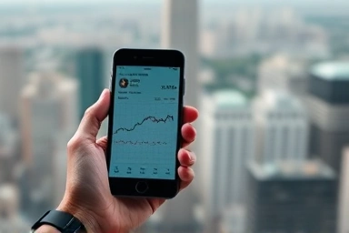 Smartphone displaying financial chart over cityscape.