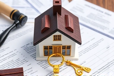 House with golden key and legal documents, symbolizing real estate investment.