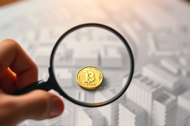 Magnifying glass over city blueprint with embedded gold coin.