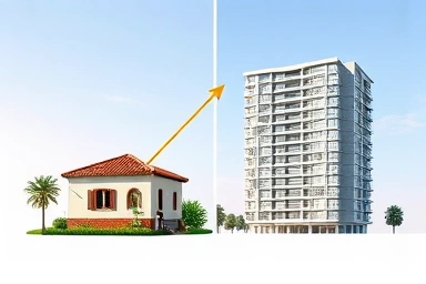 Transformation from old villa to modern apartment with growth graph.