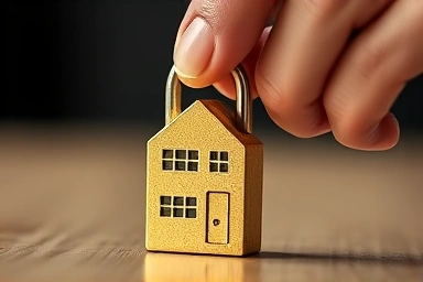 Hand with golden key securing valuable real estate.