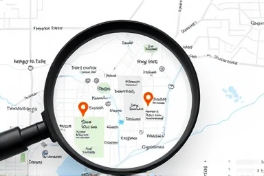 Magnifying glass over city map, symbolizing niche market real estate investment.