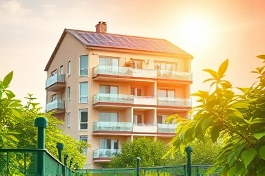 Modern eco-friendly apartment building with solar panels and greenery.
