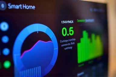 Smart home energy dashboard showing savings and efficiency.