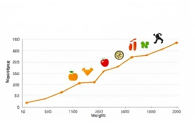 Sustainable weight loss progress, diet and exercise icons.