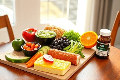 Healthy meal plan with diet supplement bottle