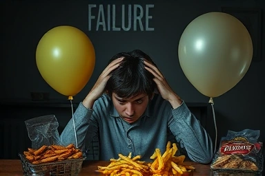 Person struggling with diet, junk food, lost energy, despair.