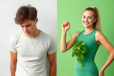 Healthy vs unhealthy diet comparison, energy, vitality, healthy plant.