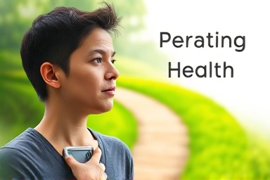 Person assessing health on a digital scale, looking towards a healthy future.