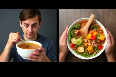 Healthy eating comparison: broth-focused vs ingredient-focused meal