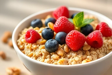Healthy bowl of brown rice, oats, berries, and nuts.