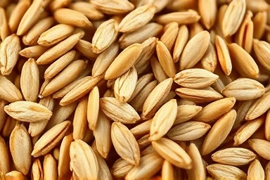 Close-up texture of brown rice grains and oats.