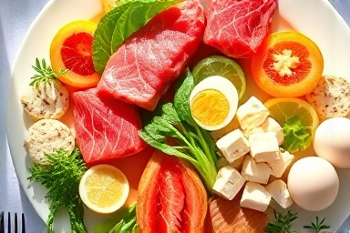 Varied healthy protein foods spread on a plate