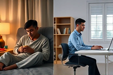 Contrast between pajamas and work clothes affecting energy and health.