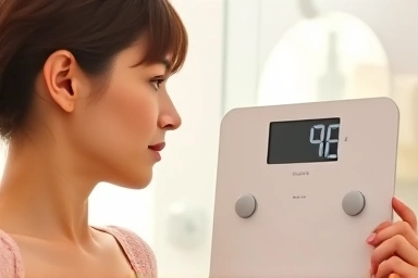 Person calmly using a digital scale for weight tracking.