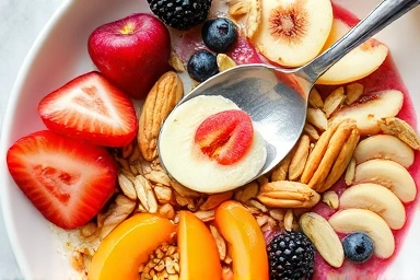 Healthy breakfast bowl with fruits, nuts, and seeds