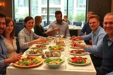 People enjoying a healthy company dinner, focusing on balanced meals.